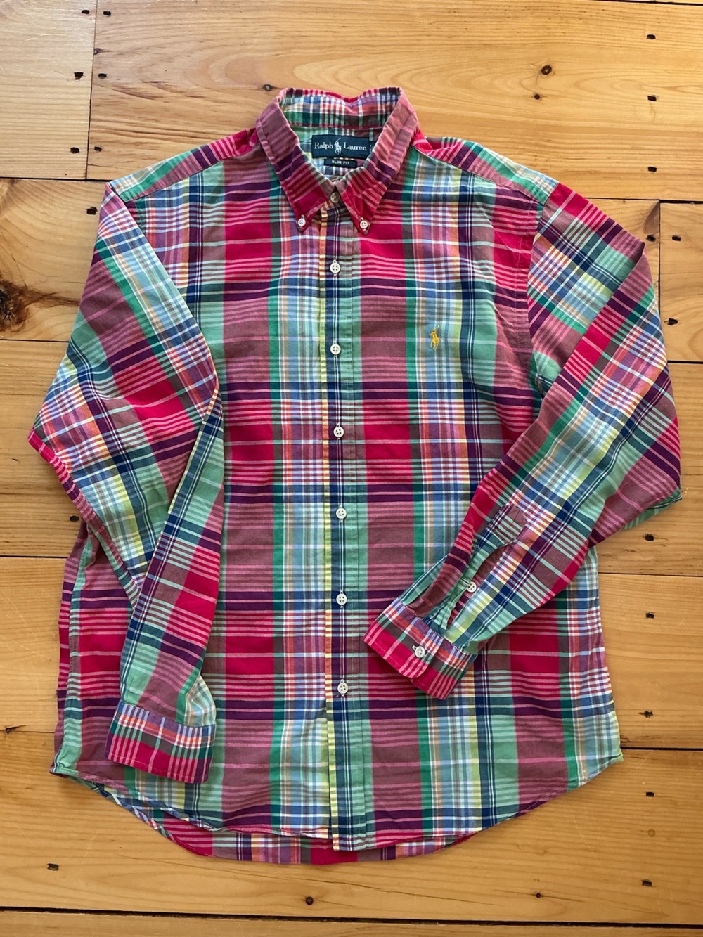 Polo Ralph Lauren Slim Fit Madras Plaid Button Down Shirt Mens XL Yellow Pony